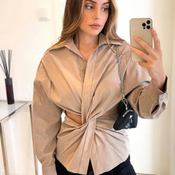 Zara Taupe Brown Cut Out Shirt - Picture 7 of 7